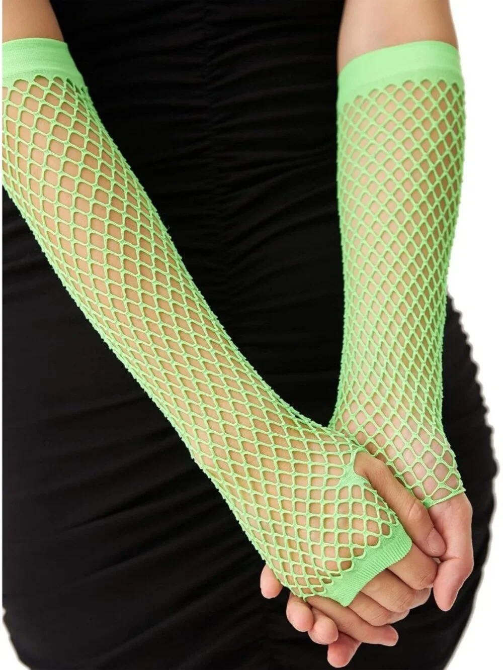 Women's Green Fishnet Fingerless Gloves Gothic Punk Emo 80s Scene Arm Sleeves
